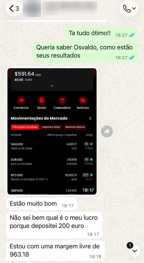 Conversa no WhatsApp: cliente depositou 200 euros e mostra a conta com 591 dólares